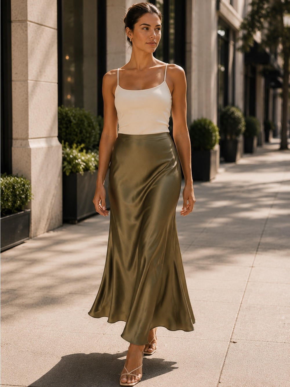 Zara Dark Khaki/Olive Green Satin Midi Skirt High Waist NWT Size S